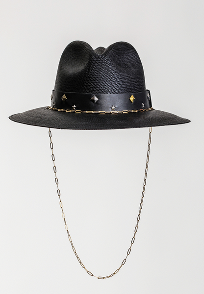 MPXA LONDON - BLACK STRAW HAT with gold chain