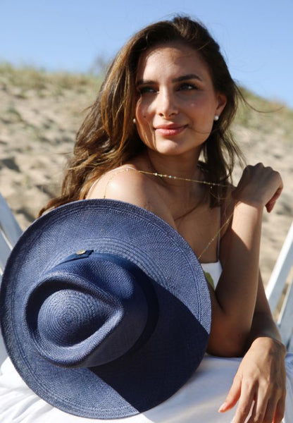 MPXA INDIGO - NAVY BLUE STRAW HAT with gold chain