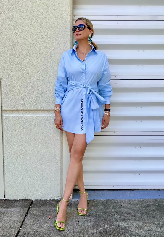 Blue White Striped Button Front Shirt Dress with Tie Waist
