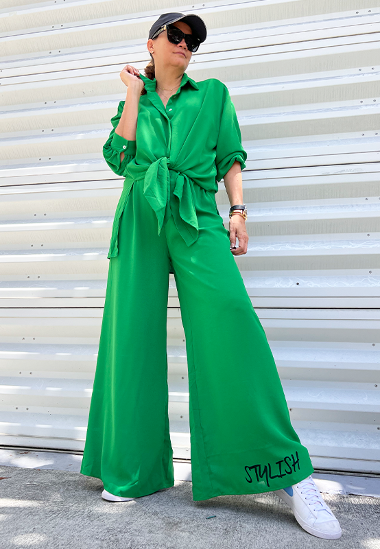 ACA Stylish Button-Down and Pant Set - Lively Green