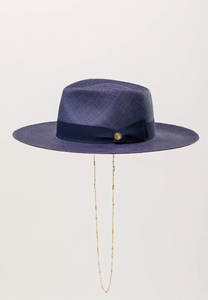 MPXA INDIGO - NAVY BLUE STRAW HAT with gold chain