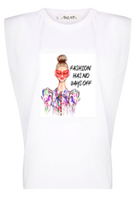 Load image into Gallery viewer, Fashion Has No Days Off - White Padded Muscle Tee