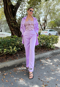 ACA Fashion Satin Button-Down and Pant Set - Lavender